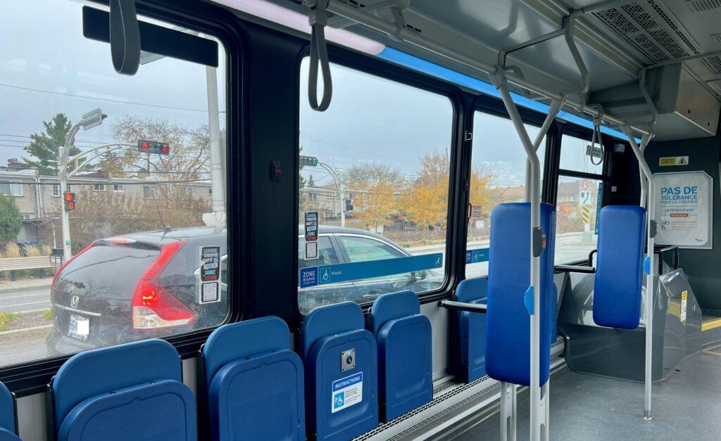 Passenger perspective inside STM bus in Montreal during November 2025 strike period