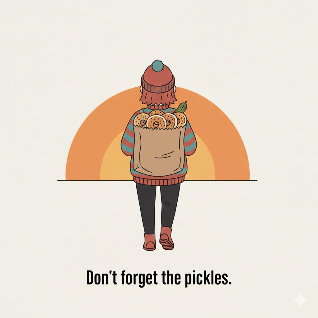 Minimalist character walking toward a Montreal sunset with a paper bag of fresh bagels and a deli pickle, caption reads "Don't forget the pickles."
