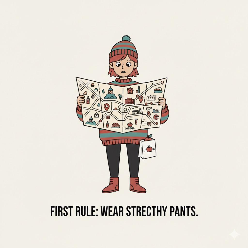 Minimalist doodle of a traveler holding a map of Montreal with the text "First Rule: Wear Stretchy Pants," optimized for a Montreal food blog.