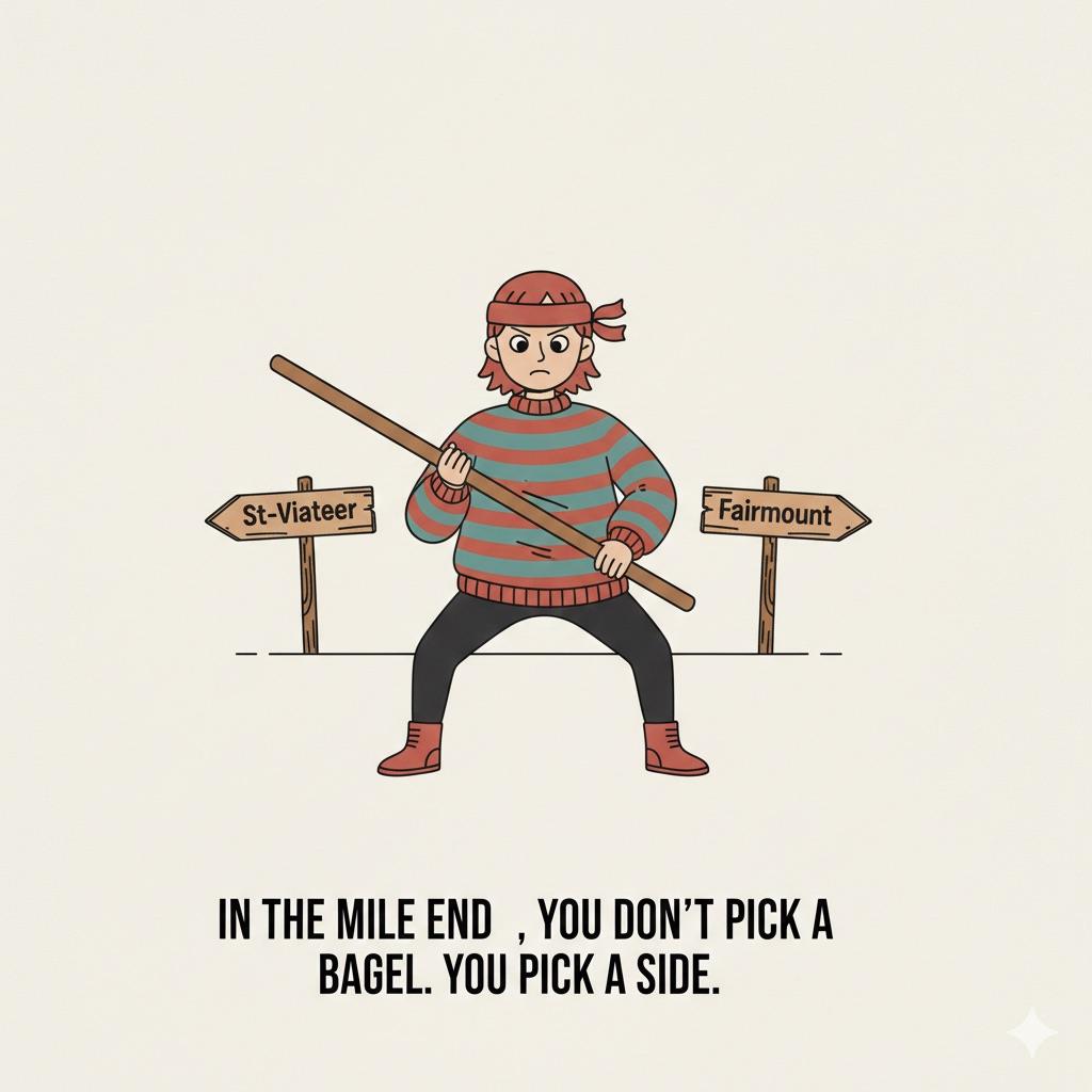 Minimalist line art of a bagel ninja holding a wooden shibka paddle next to signposts for St-Viateur and Fairmount, captioned "In the Mile End, you don't pick a bagel. You pick a side."